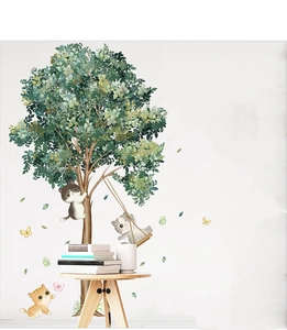 Detailed watercolor wall sticker featuring a large tree with cute cartoon cats and butterflies