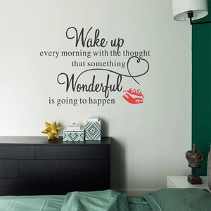 Wake up wonderful inspirational quote wall sticker with red lips for bedroom decor