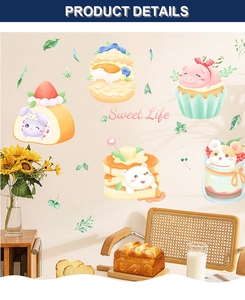 Detail showing cartoon dessert animal wall stickers with Sweet Life text in a cozy kitchen setting