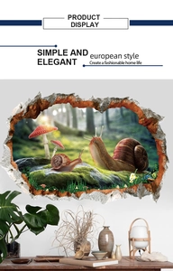 Detail view of 3D forest snails and red mushrooms wall decal in a cozy home setting