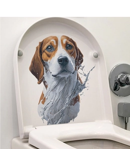 Détail d'un autocollant réaliste de tête de Beagle pour toilettes avec effet d'éclaboussure