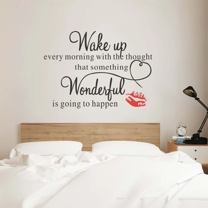 Wake Up Wonderful motivational wall sticker with heart and red lips for bedroom decor