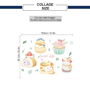 Collage dimensions of cartoon animal cake wall stickers measuring 79.6cm by 56.1cm