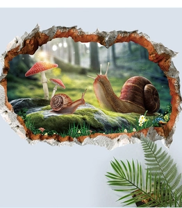 Close-up of 3D snail wall sticker with realistic forest scene and broken wall effect