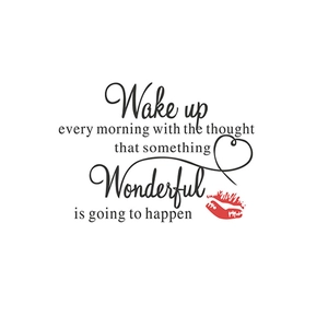 Wake up wonderful inspirational wall decal with cursive text and a red lip print