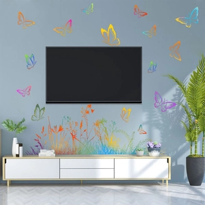 Colorful rainbow butterfly wall decals with vibrant plants for living room decor
