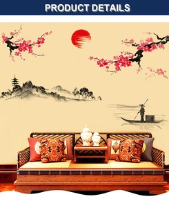 Détail d'autocollant mural style encre chinoise fleur de prunier et montagnes zen