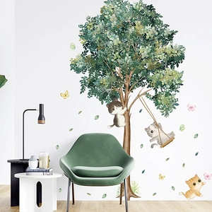 Cartoon Cat Tree Wall Stickers For Kids Room Nursery Classroom Home Decor PVC Removable DIY Mural Art Decal Animal Plant