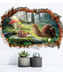 Macro detail of a 3D snail wall sticker featuring forest snails and red mushrooms