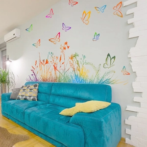 Rainbow butterfly and plant wall sticker set for a vibrant living room decor