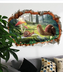 Detail of 3D snail and mushroom wall sticker showing broken wall effect in a living room
