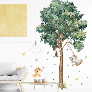 Cartoon cats and green tree wall stickers in a modern watercolor living room set