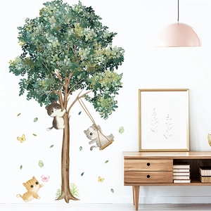 Cute cartoon cats and tree wall decals for nursery decor with butterflies and leaves