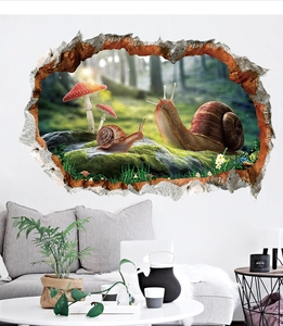 Detailed 3D snail wall sticker featuring a forest landscape with a broken wall effect