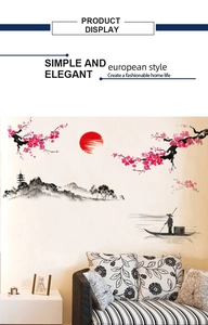 Détail de l'autocollant mural en encre chinoise avec fleurs de prunier et paysage de montagne