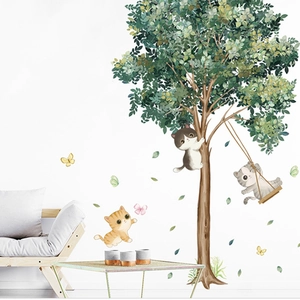 Cartoon tree and cats wall decal set for nursery decoration in fresh illustration style