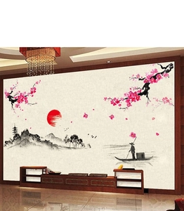 Détail d'un sticker mural en lavis chinois avec fleurs de prunier rouges et lever du soleil