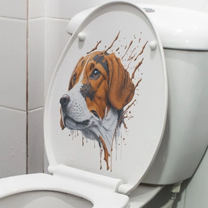 Artistic splash beagle dog portrait sticker on white toilet lid for bathroom decor