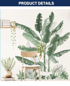 Detail of tropical banana tree wall stickers featuring green leaves and a white cat decal