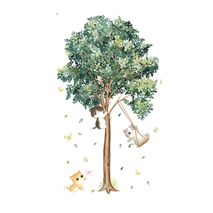 Cute cartoon wall sticker featuring a large green tree with playful cats and yellow butterflies