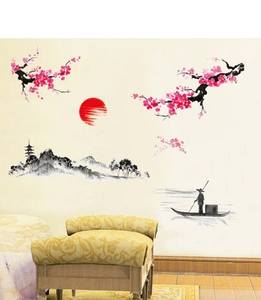 Détail de fleurs de prunier rouges et soleil levant en sticker mural de style encre