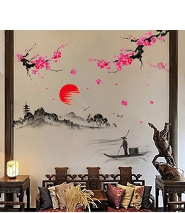 Détail d'autocollant mural de fleurs de prunier style peinture à l'encre chinoise
