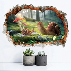 3D wall sticker featuring realistic snails and mushrooms with a forest wall break effect