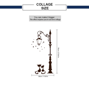 Tableau des tailles du sticker mural montrant un lampadaire et des chats noirs en 70x30cm