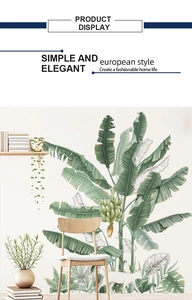 Detailed wall sticker layout featuring banana leaves and a white cat on a bedroom wall