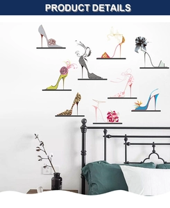 Detail view of colorful high heel wall decals with leopard and floral patterns on bedroom wall