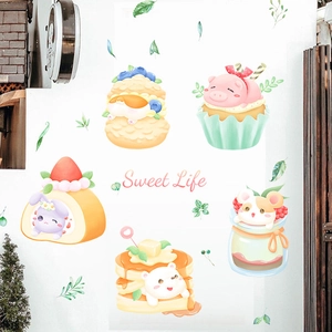 Cute cartoon animal and cake wall stickers with Sweet Life text on a white wall