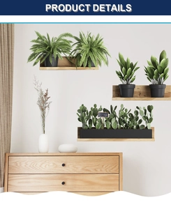 Detail of wooden wall shelves with artificial green plants and Opuntia cactus decor