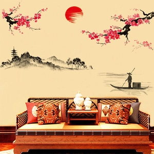 Autocollants Muraux Style Encre Chinoise Fleurs De Prunier Soleil Montagne PVC Auto-Adhésif Décor Pour Salon Chambre