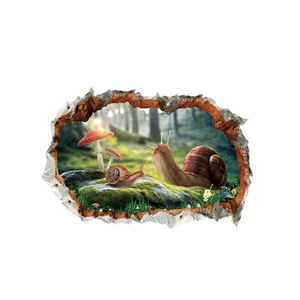 3D wall sticker with broken wall effect showing a forest landscape with snails and mushrooms