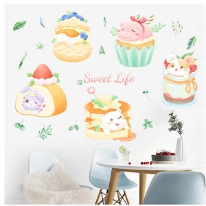 Cute cartoon animal cupcake wall stickers set for dining room decor in macaron colors