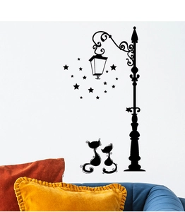Détail de sticker mural chat et lampadaire mignon en silhouette noire pour décoration