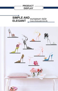 Detailed close-up of fashionable high heel wall decals with leopard and floral patterns
