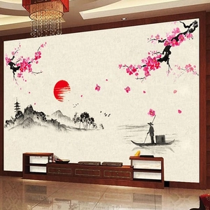 Sticker mural paysage à l'encre chinoise avec soleil rouge et fleurs de prunier décoratifs