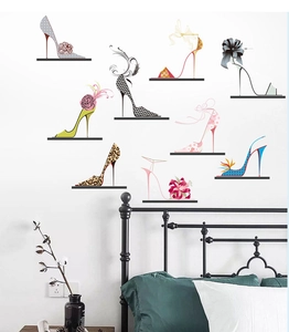Detailed view of high heel wall decals with leopard and floral patterns on bedroom wall