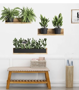 Modern floating solid oak wall shelves featuring green potted plants and cactus decor