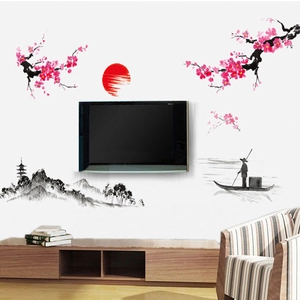 Sticker mural fleurs de prunier chinois avec soleil rouge pour décor de salon chic