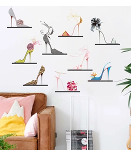 Detailed view of eight creative high heel wall stickers with floral and leopard patterns