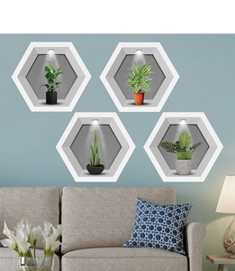 Detail view of 3D hexagonal niche wall stickers featuring potted monstera and cactus plants