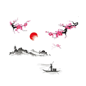 Sticker mural style encre avec fleurs de cerisier soleil et montagnes sur fond blanc