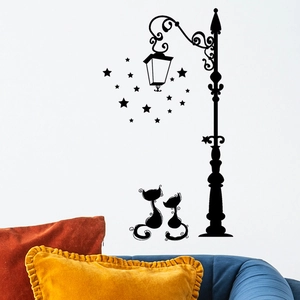 Sticker Mural Chat Lampadaire Étoiles Dessin Animé PVC Amovible Décoration Maison Silhouette Murale Pour Salon Chambre Papier Peint