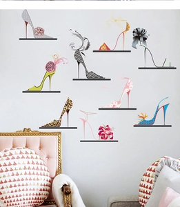 Detail of elegant high heel wall stickers featuring leopard print and floral patterns