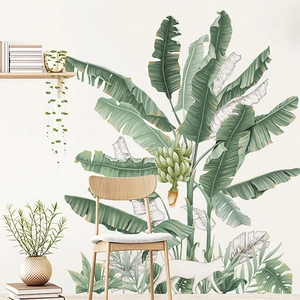 Tropical Banana Tree Wall Stickers Hand-painted Green Leaves White Cat DIY PVC Wall Decals For Living Room Bedroom Background Decor