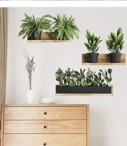Detail of wooden wall shelves featuring potted green plants in minimalist interior decor