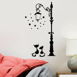 Sticker mural chat noir et lampadaire rétro avec étoiles pour décoration de chambre
