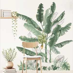Tropical banana tree wall decal with green leaves and cat for living room decoration